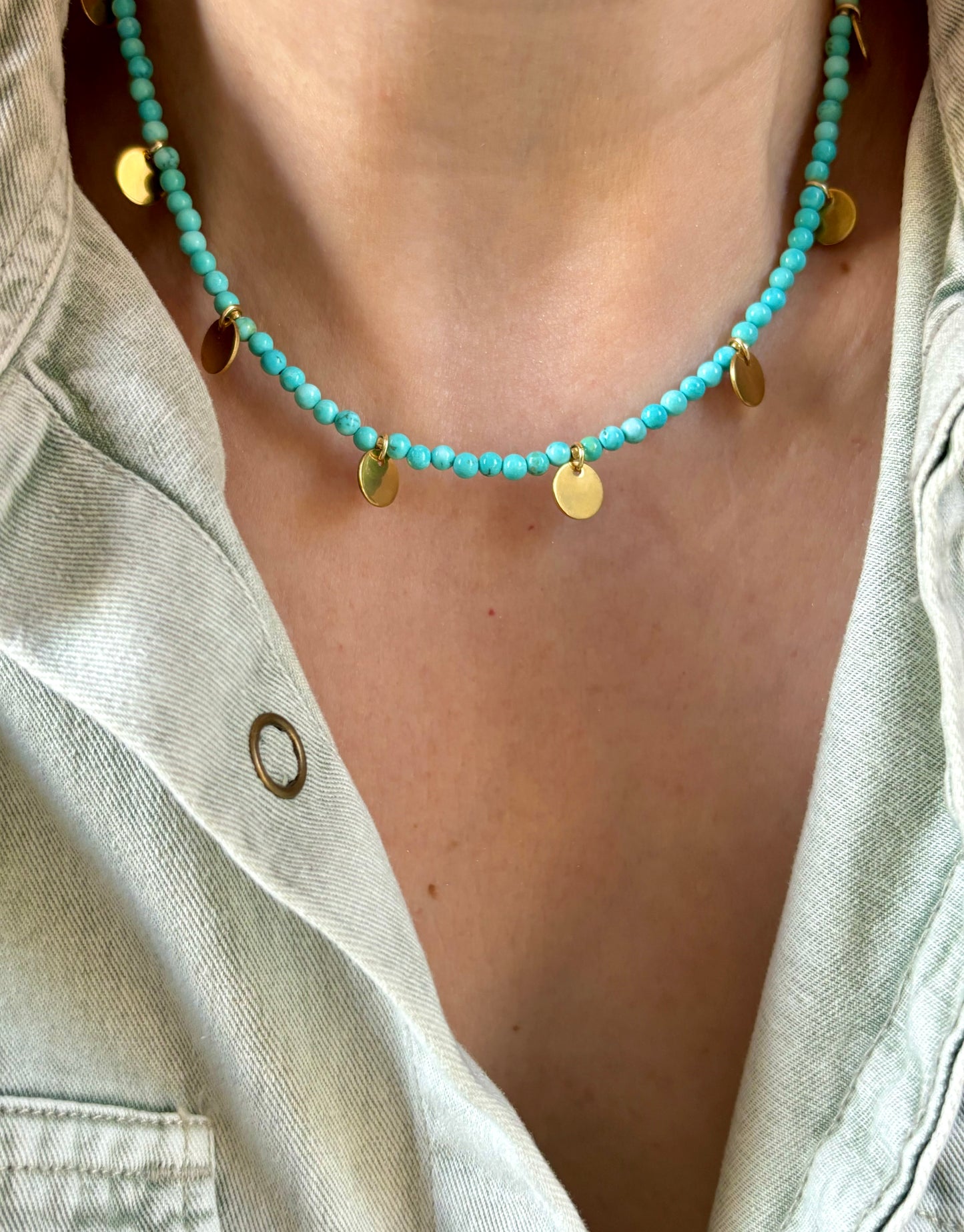 Turquoise gold dainty discs necklace