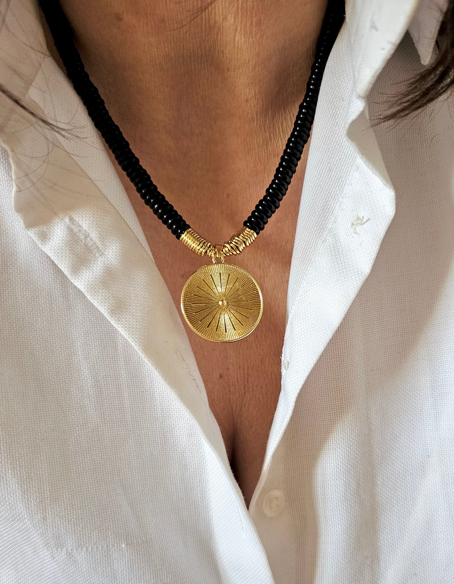 Black Onyx Necklace with Buddha and Sun Pendant