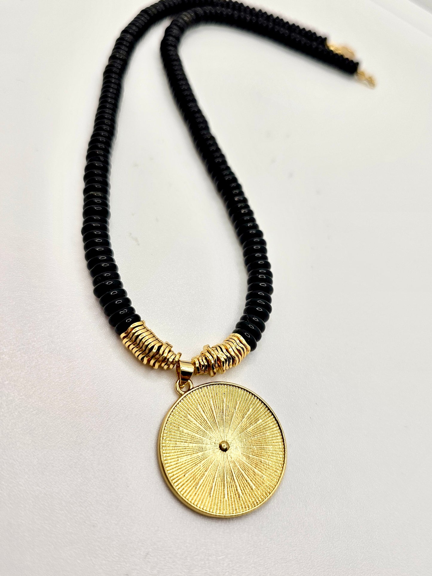 Black Onyx Necklace with Buddha and Sun Pendant