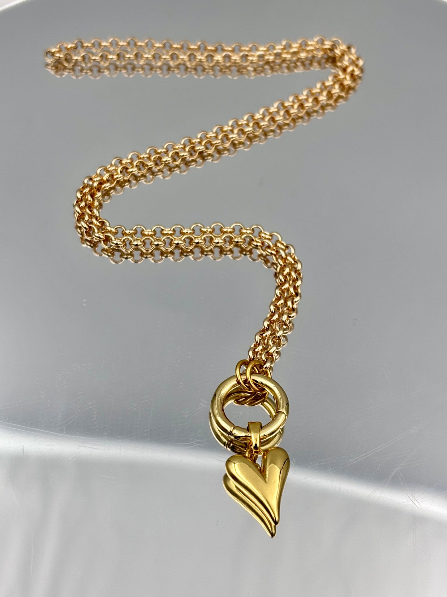 Puffed Heart Rolo Chain Charm Necklace