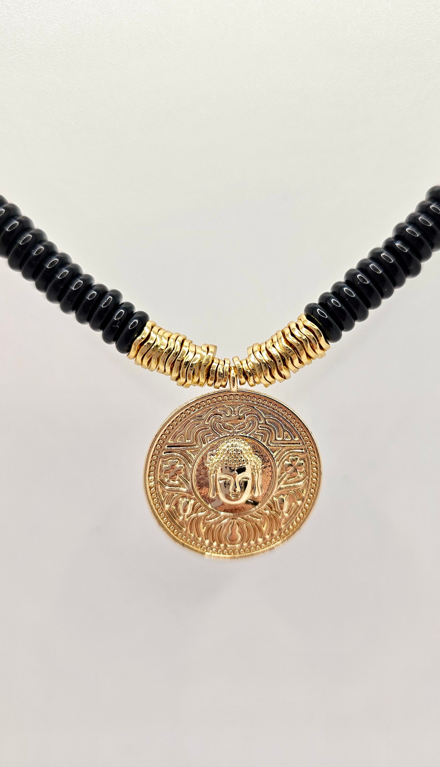 Black Onyx Necklace with Buddha and Sun Pendant