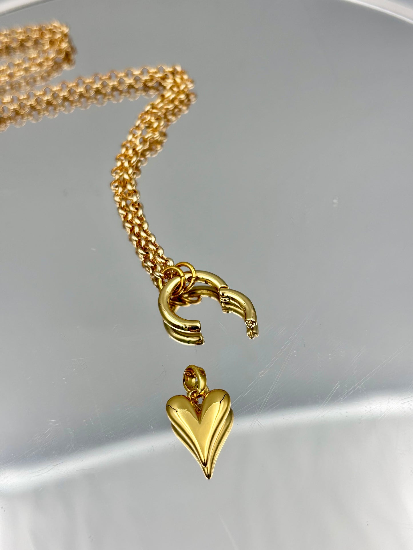 Puffed Heart Rolo Chain Charm Necklace