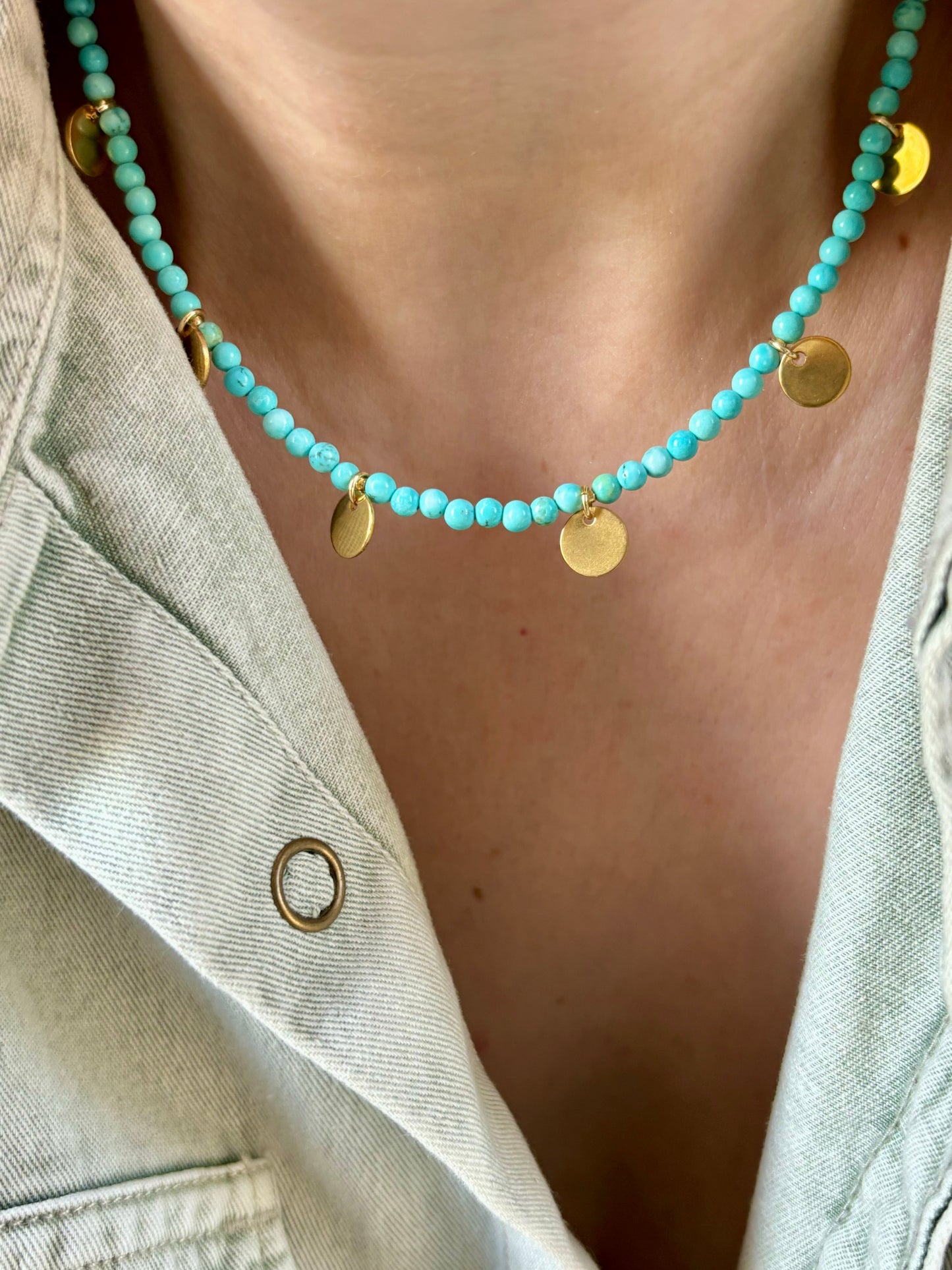 Turquoise gold dainty discs necklace