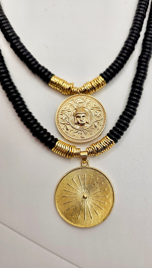 Black Onyx Necklace with Buddha and Sun Pendant