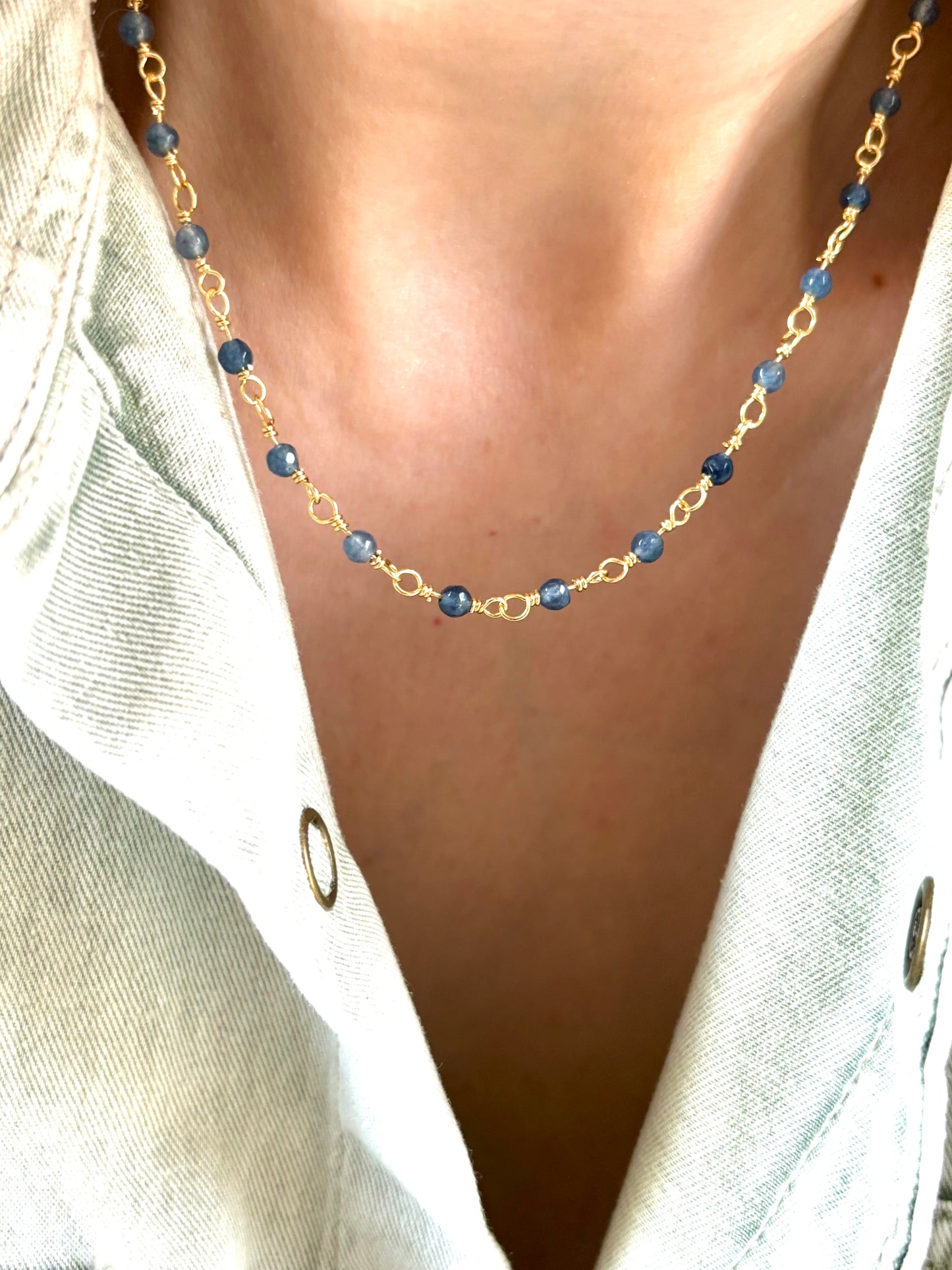 Dainty blue aventurine beaded chain necklace