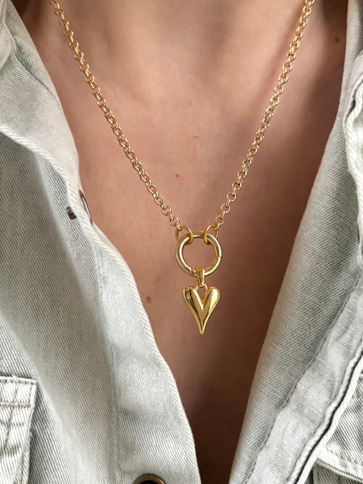 Puffed Heart Rolo Chain Charm Necklace