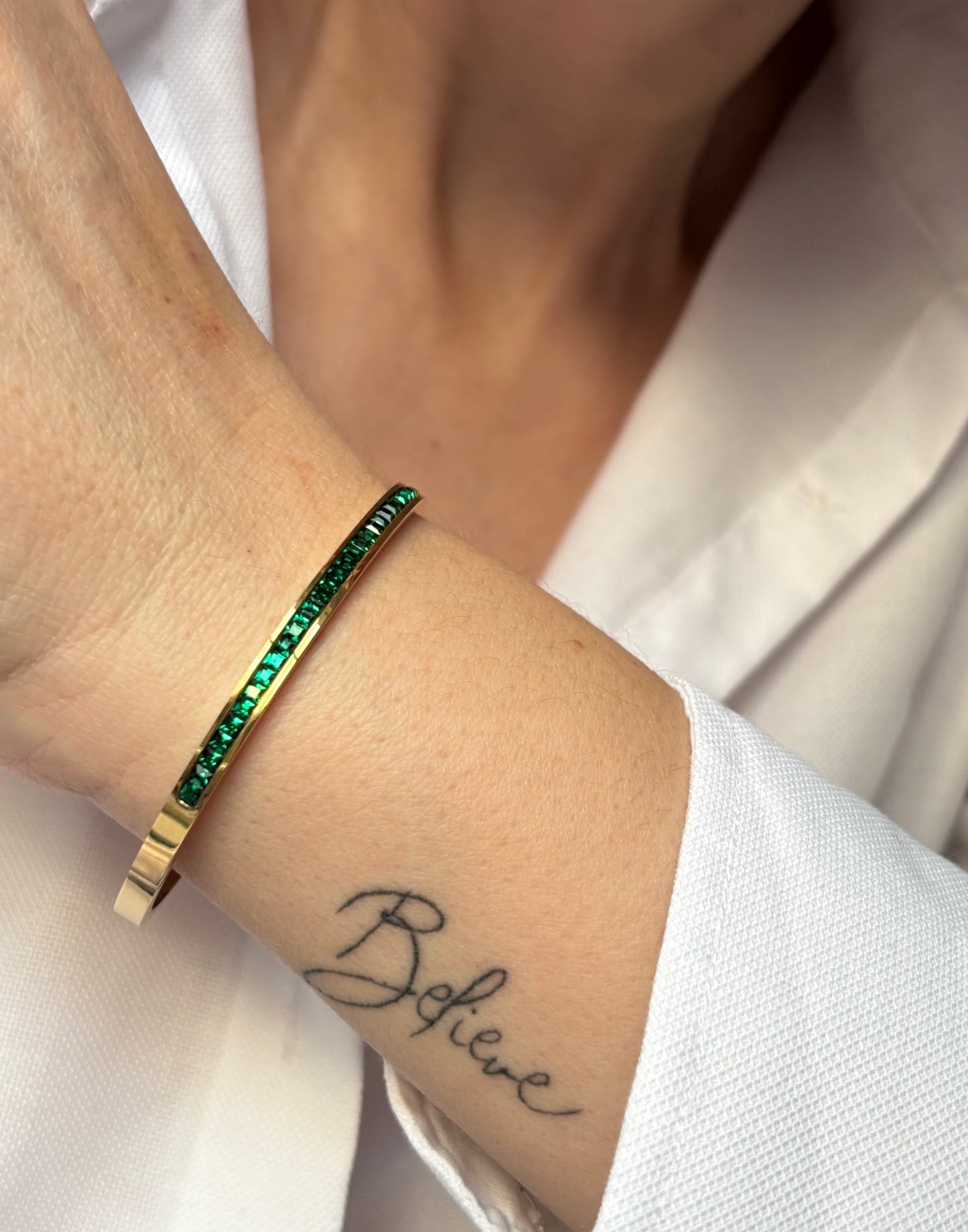 Green Crystals Gold Bangle Bracelet