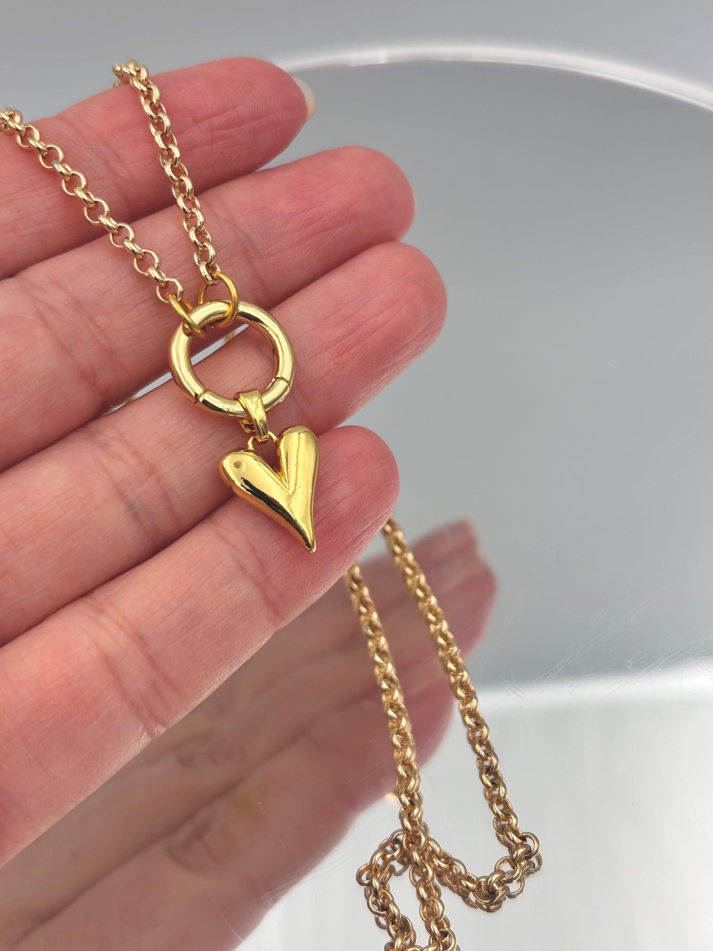 Puffed Heart Rolo Chain Charm Necklace