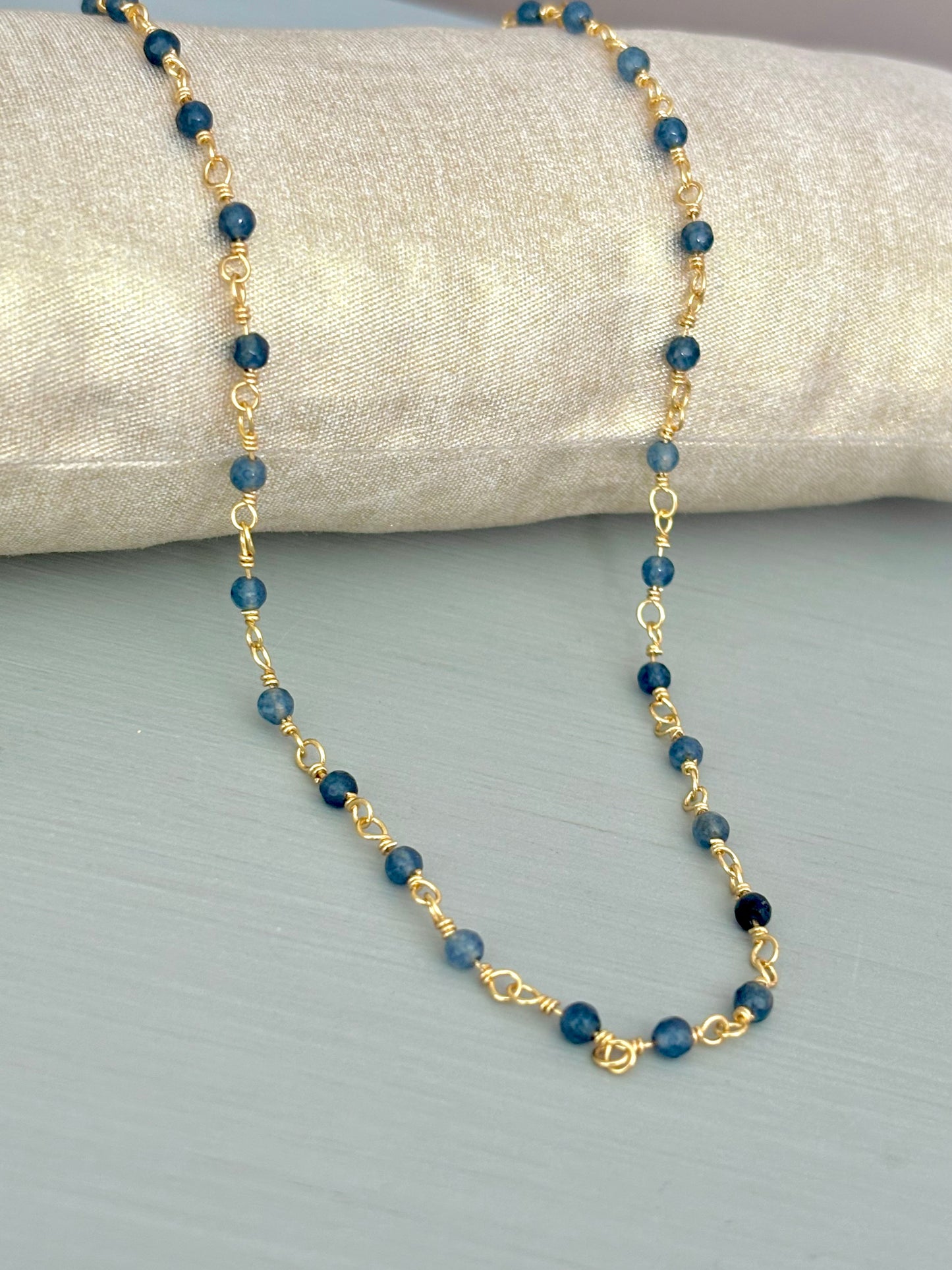 Dainty blue aventurine beaded chain necklace