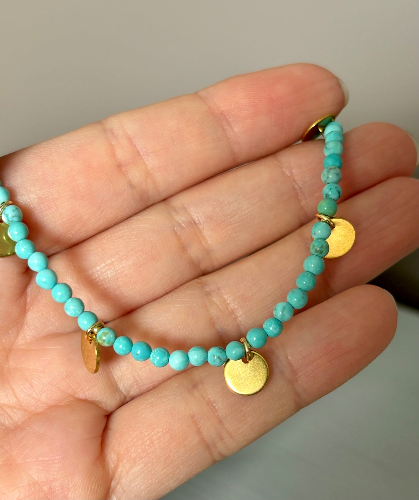 Turquoise gold dainty discs necklace