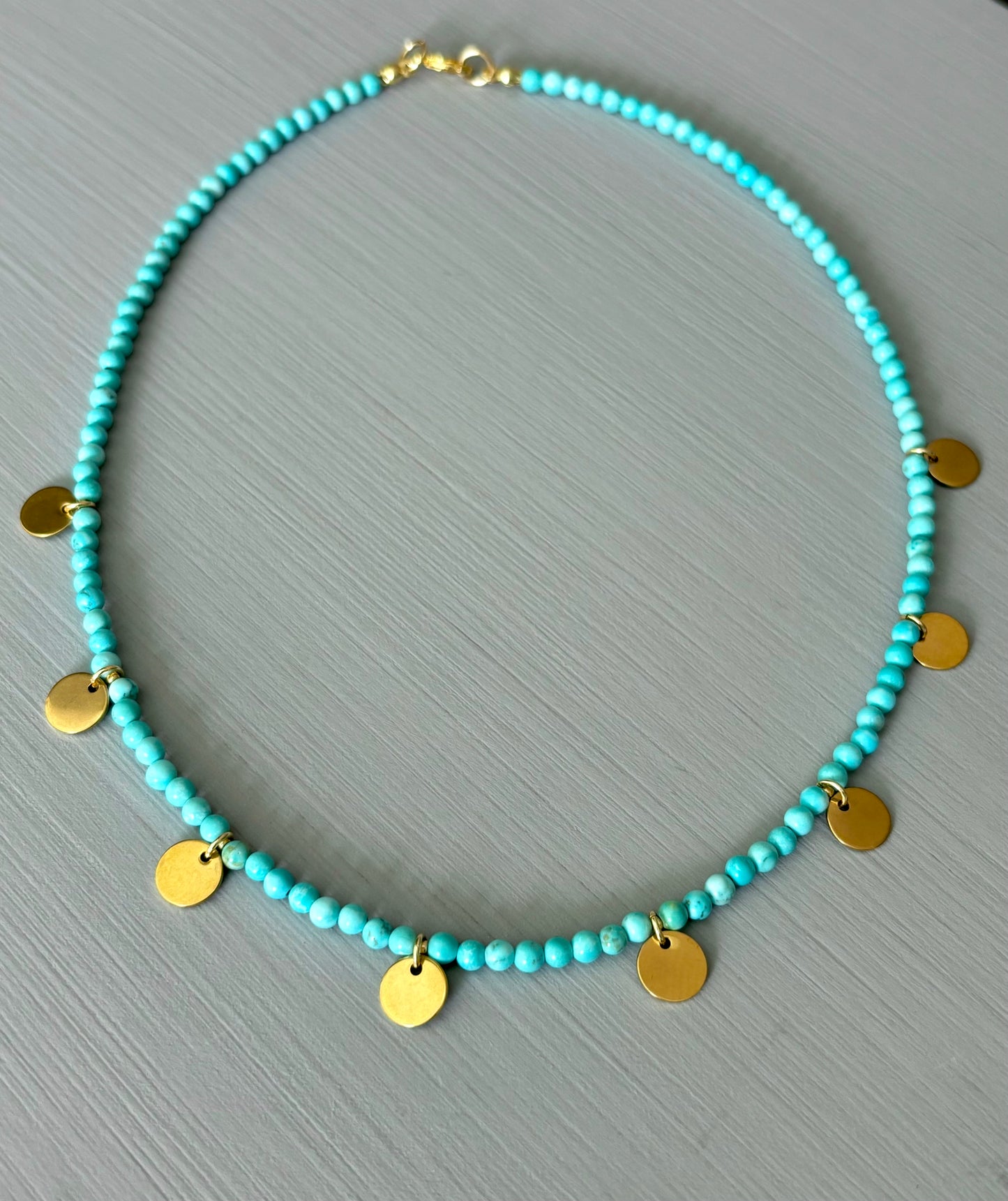 Turquoise gold dainty discs necklace