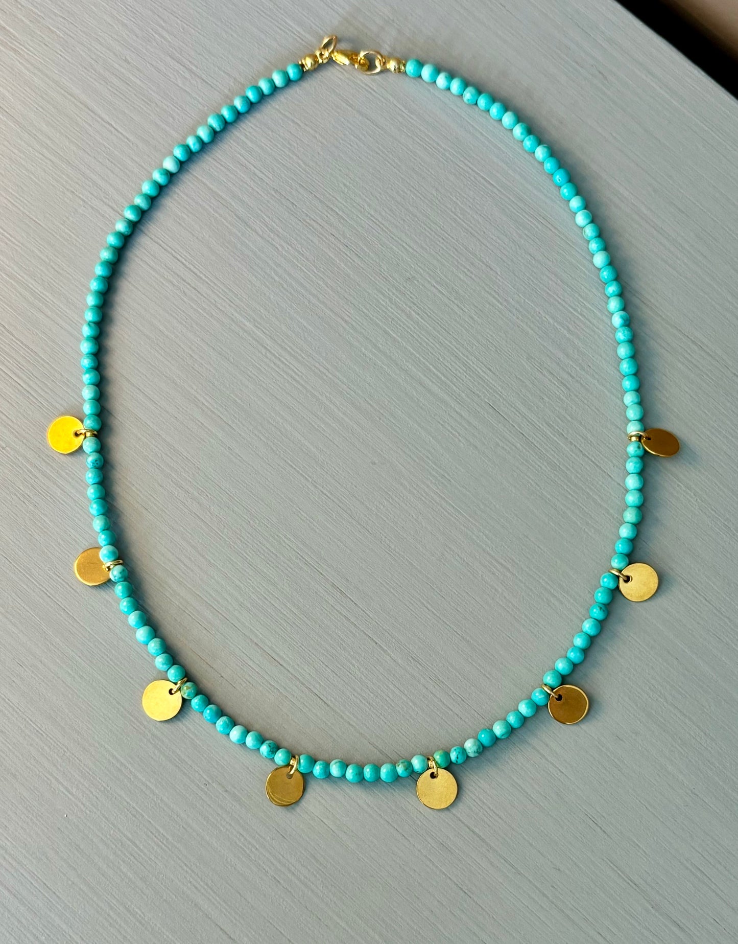 Turquoise gold dainty discs necklace