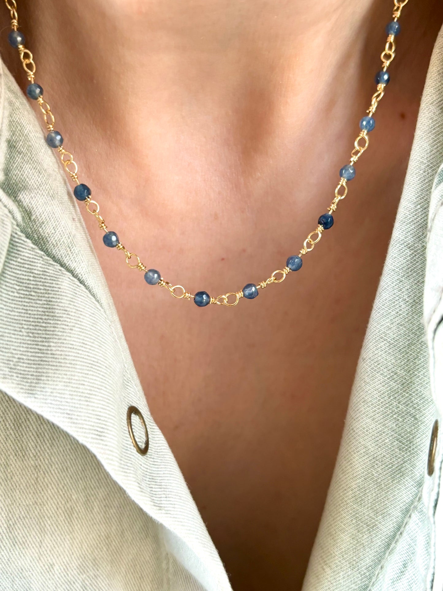 Dainty blue aventurine beaded chain necklace