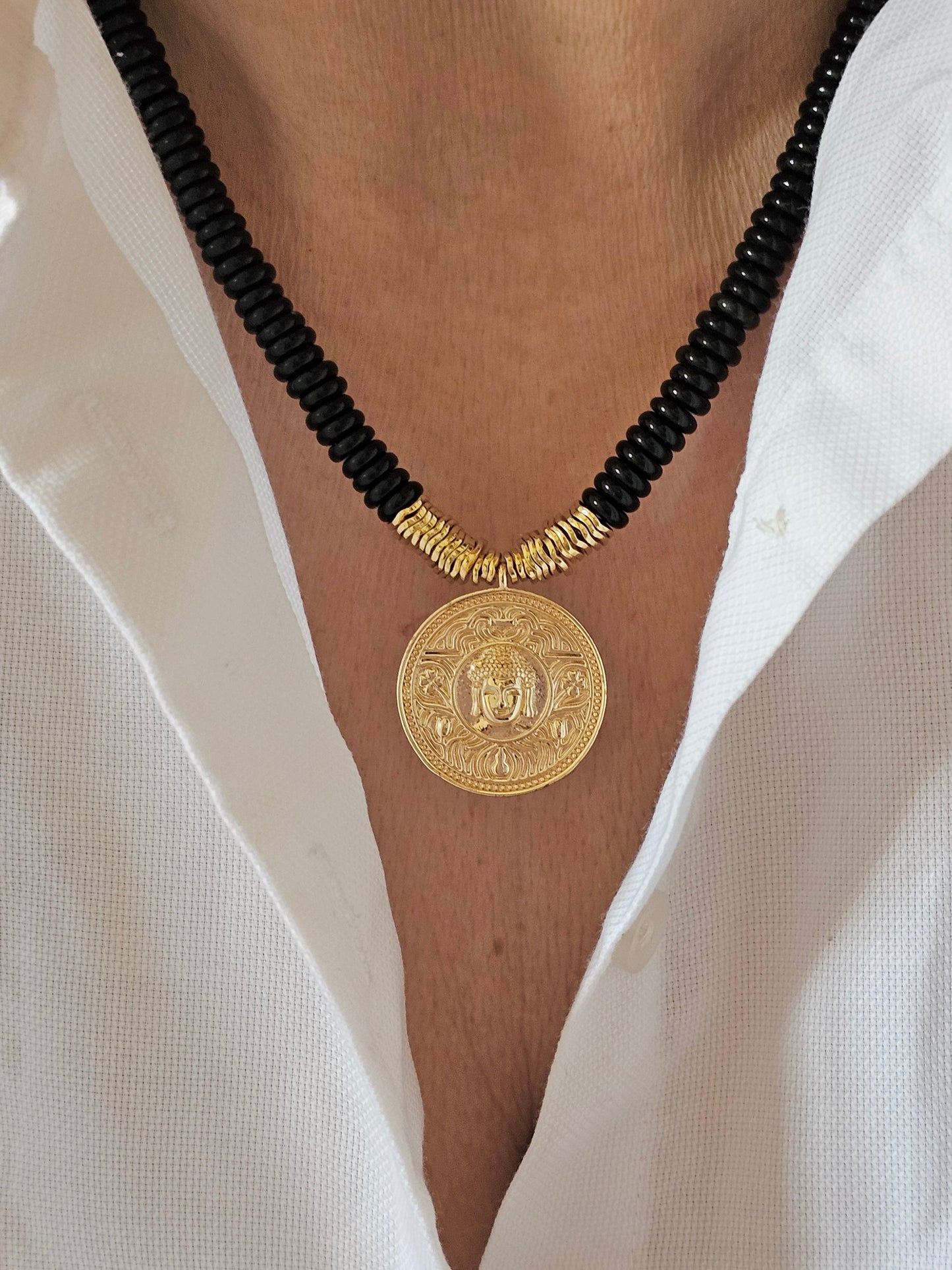 Black Onyx Necklace with Buddha and Sun Pendant