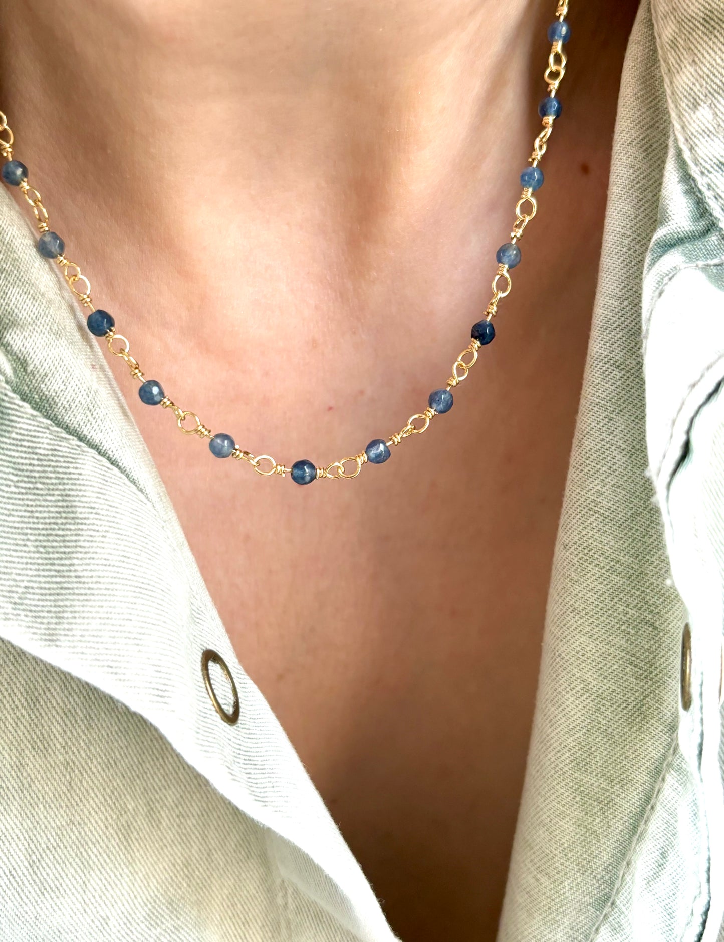 Dainty blue aventurine beaded chain necklace