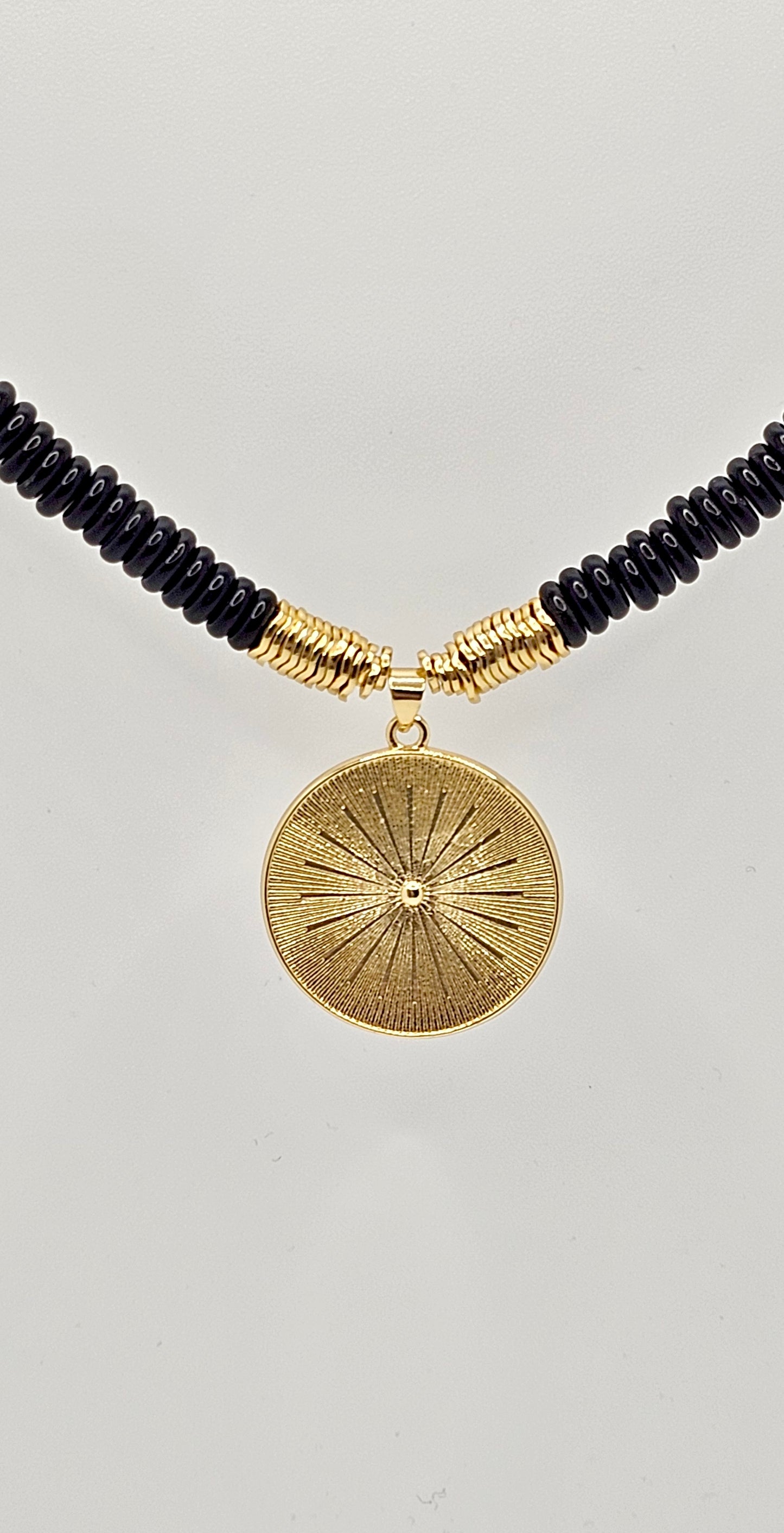 Black Onyx Necklace with Buddha and Sun Pendant