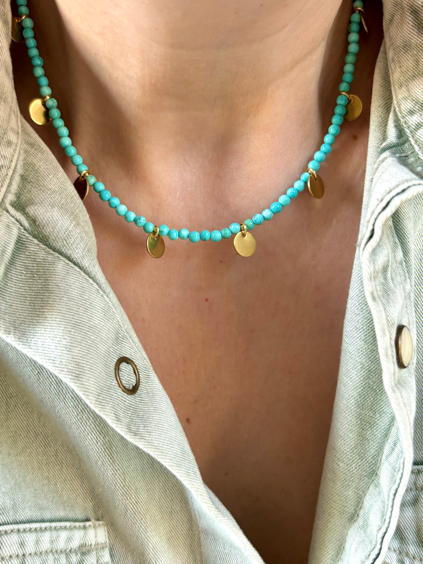 Turquoise gold dainty discs necklace