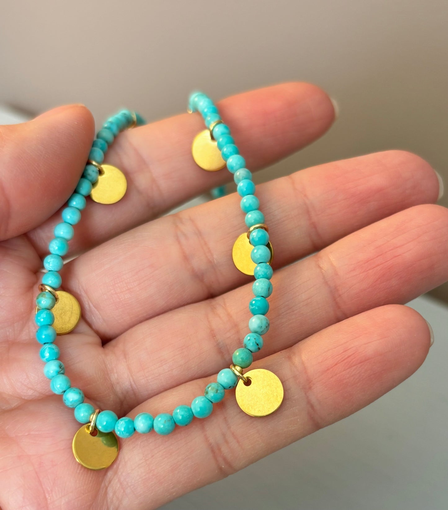 Turquoise gold dainty discs necklace