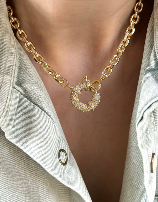 Gold Pave Spring Clasp Chunky Chain Necklace