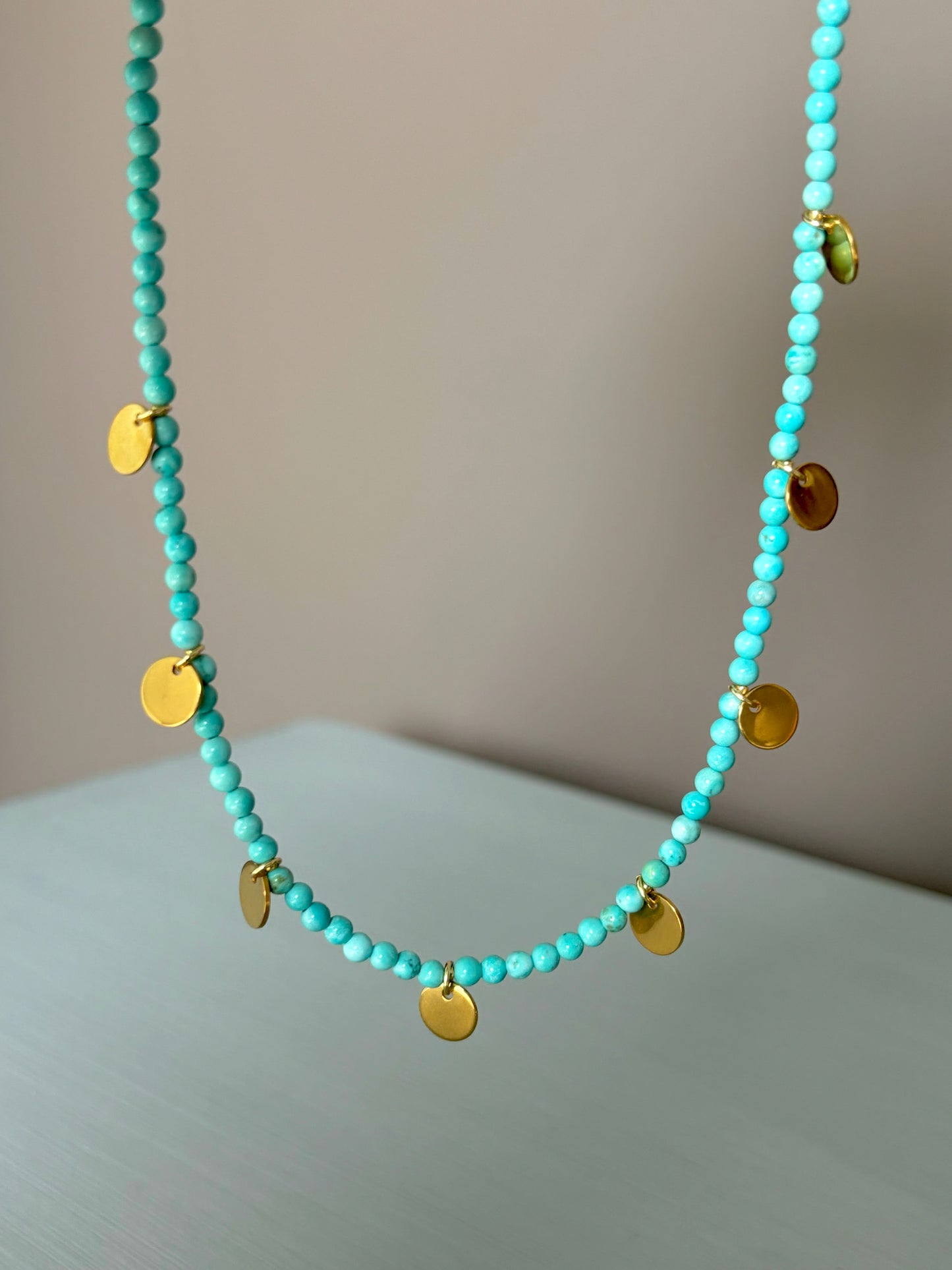 Turquoise gold dainty discs necklace