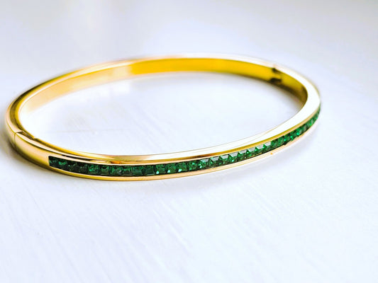 Green Crystals Gold Bangle Bracelet - Believe Jewellery