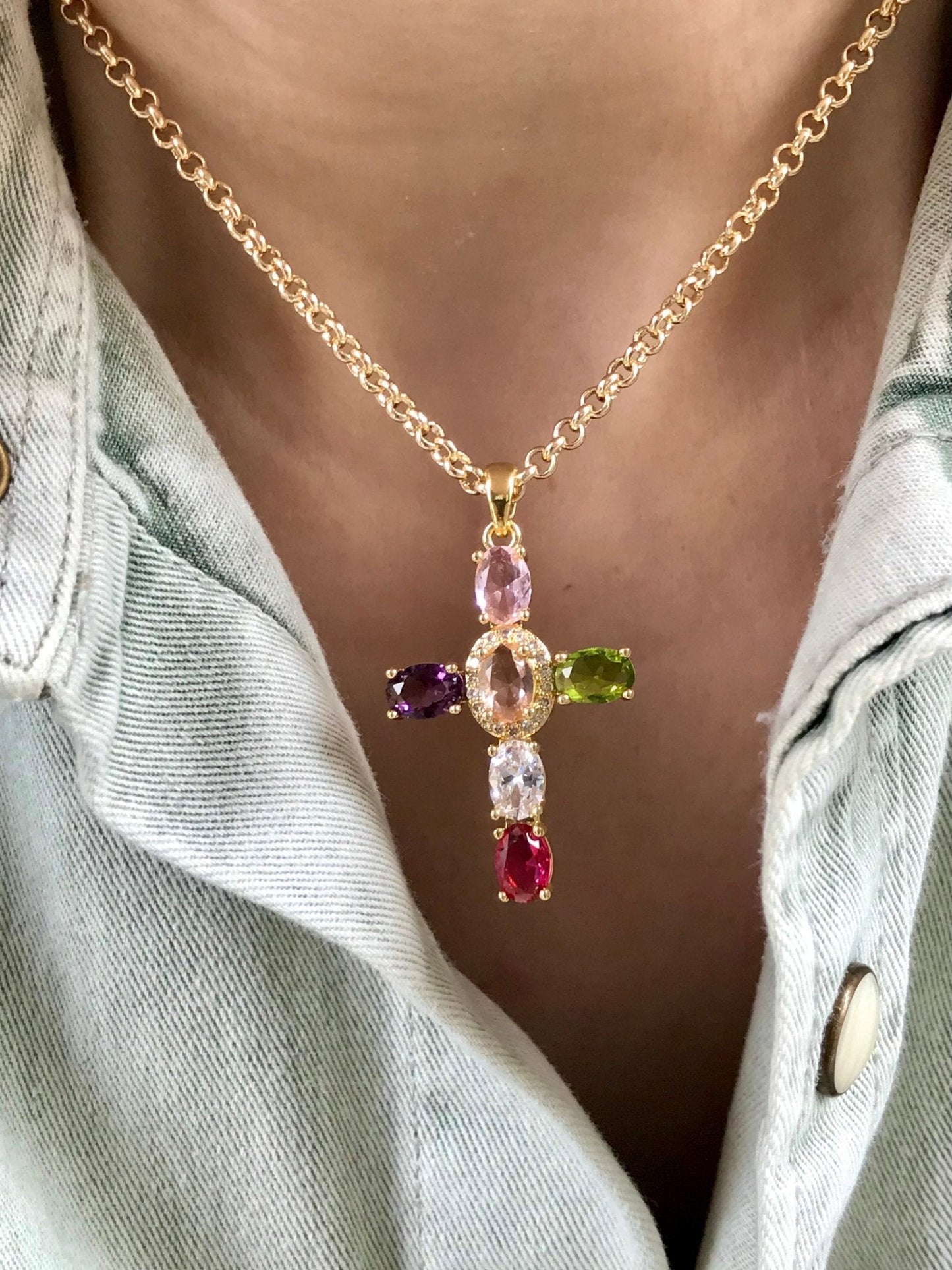 Large Gemstone Cross Necklace - Believe Jewellery