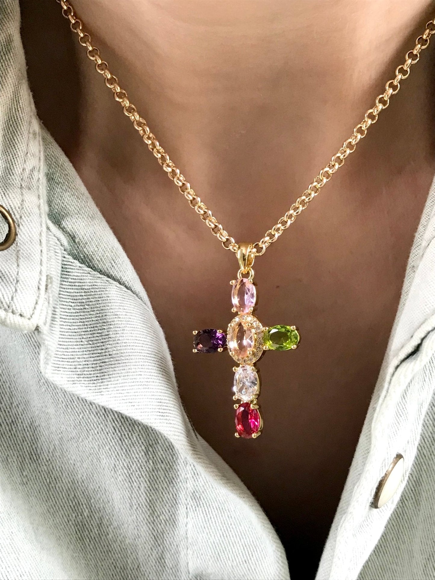 Large Gemstone Cross Necklace - Believe Jewellery