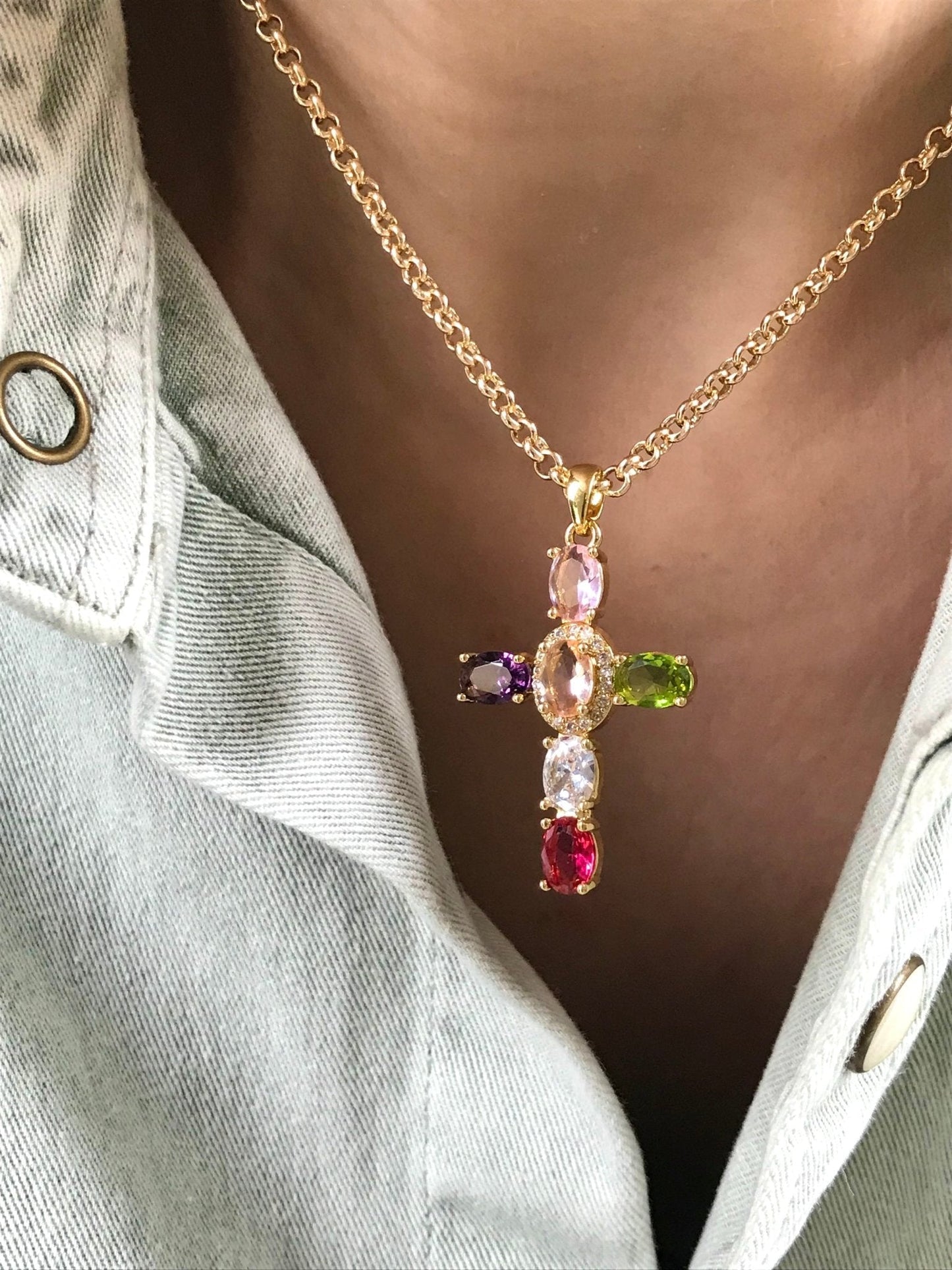 Large Gemstone Cross Necklace - Believe Jewellery